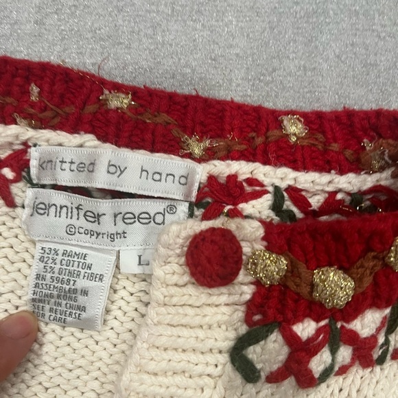 [L]VTG Jennifer Reed Holiday Ramie Blend Button Sweater Red Green Gold-As Is - Picture 3 of 11